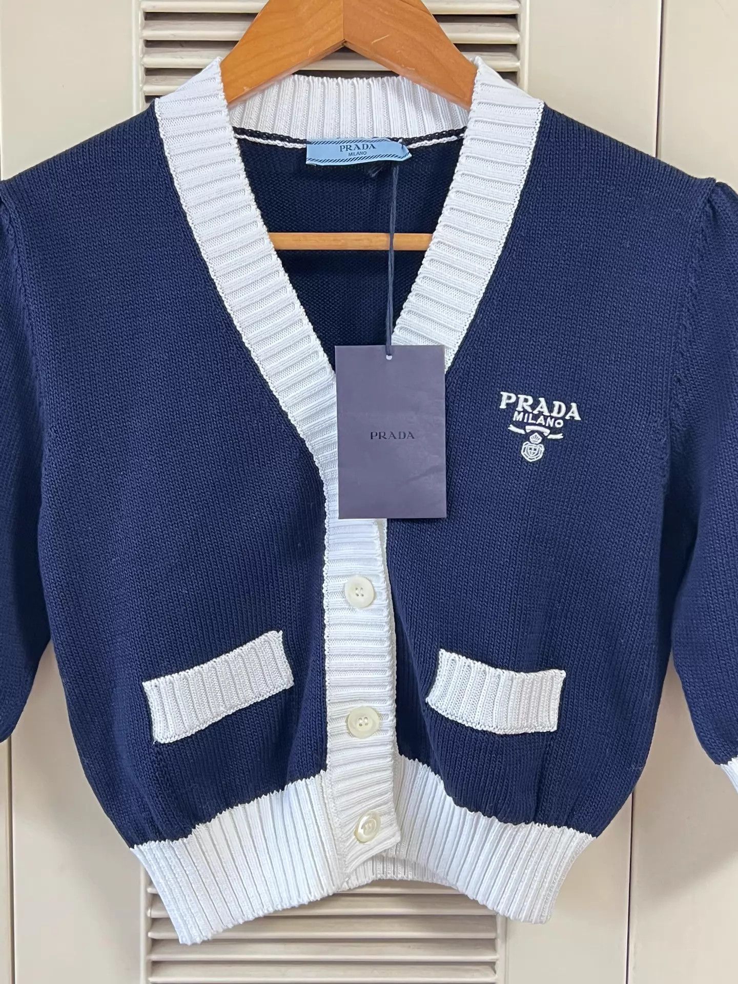 Prada Prada Women's Navy-White Colorblock Knit Cardigan 36 Size XS / US 0-2 / IT 36-38 - 3 Thumbnail