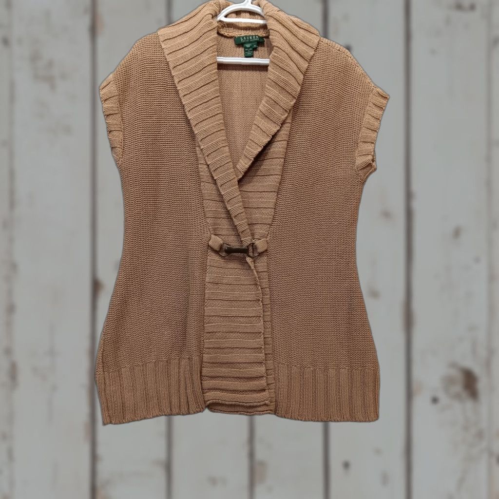 Ralph Lauren Lauren Ralph Lauren Cardigan Vest Women M Tan Linen Cotton Buckle Open Shawl Collar 90s Y2K Classic Lightweight Knit Size M / US 6-8 / IT 42-44 - 1 Thumbnail