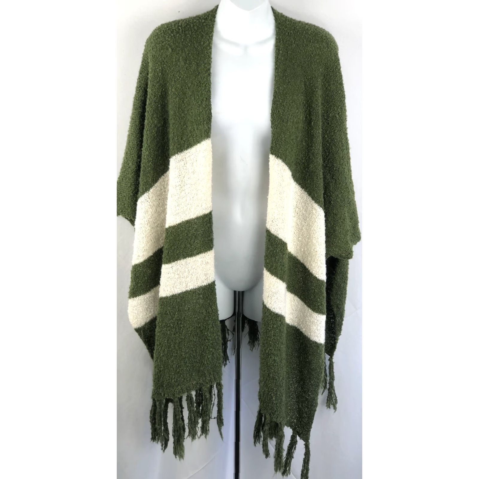 Vintage VINTAGE Green/Ivory Tassel Fringe Knit Shawl Wrap One Size Women Bohemian Hippie Cozy Wrap Size ONE SIZE - 4 Thumbnail