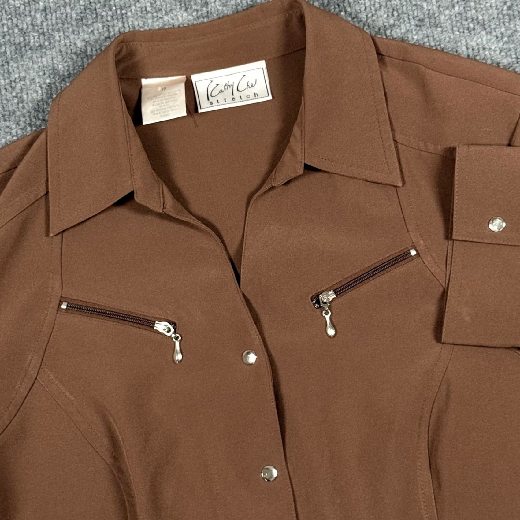 Vintage Cathy Che Stretch Shirt Womens Size 10 Brown 3/4 Sleeve Button Up Fitted Top Size L / US 10 / IT 46 - 2 Thumbnail