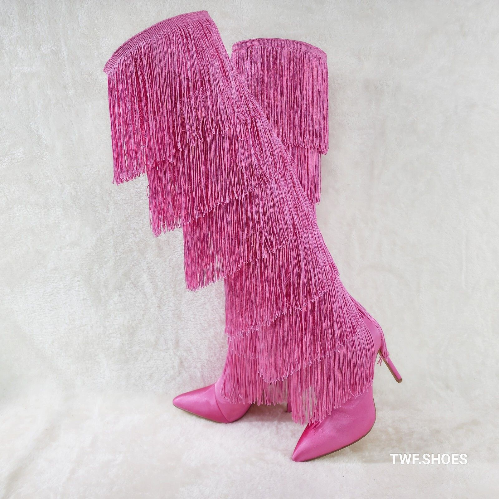 Other Gogo Fringed Thread Tassle OTK Thigh High Pink Satin High He Size US 6 / IT 36 - 3 Thumbnail