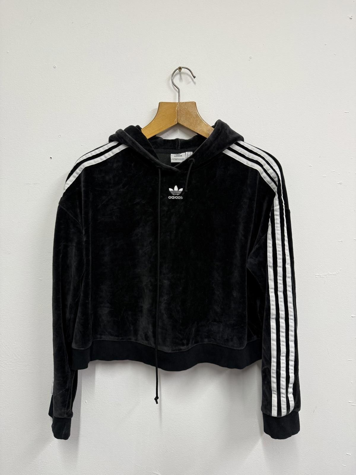 Adidas Adidas Black Velvet Cropped Hoodie with White Stripes Size L / US 10 / IT 46 - 1 Thumbnail