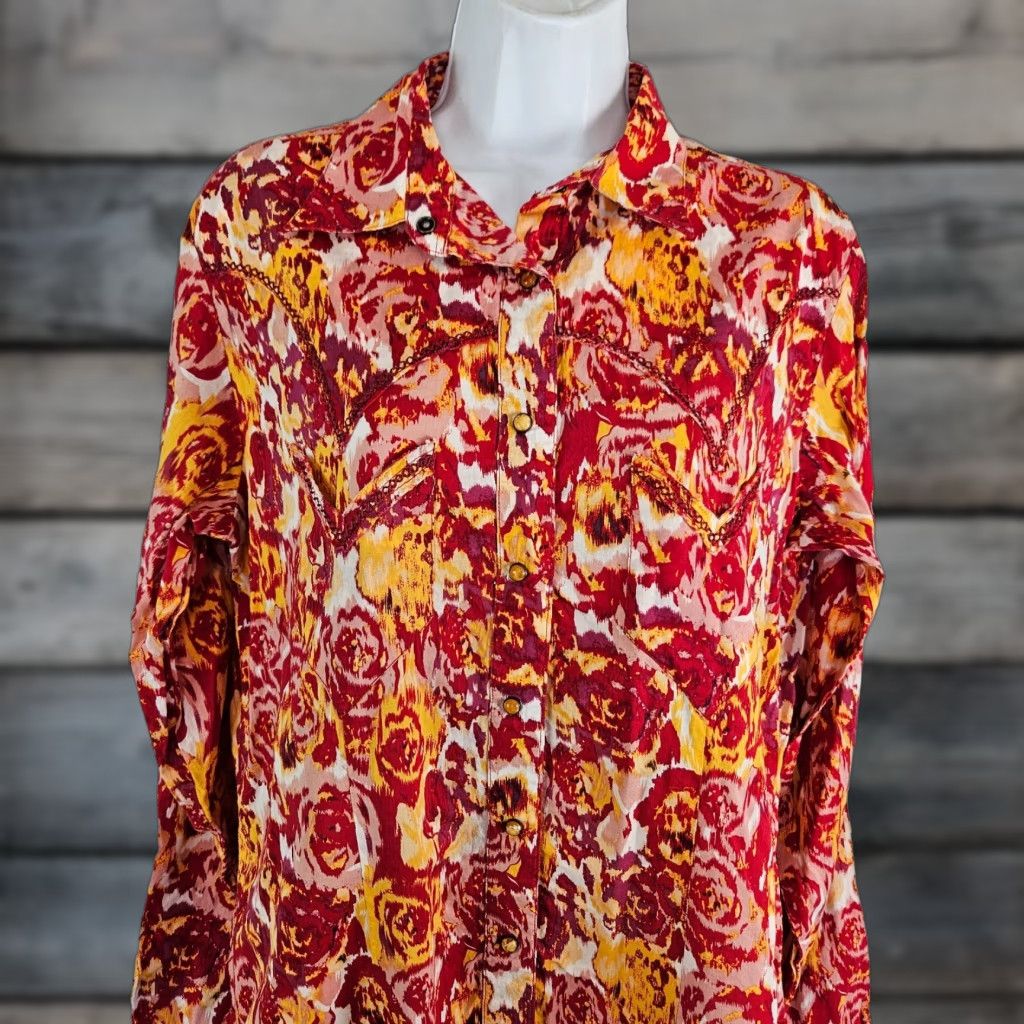 Vintage Cruel Girl Womens Pearl Snap Shirt Sz Large Red Yellow Long Sleeve Shirt Size L / US 10 / IT 46 - 1 Thumbnail