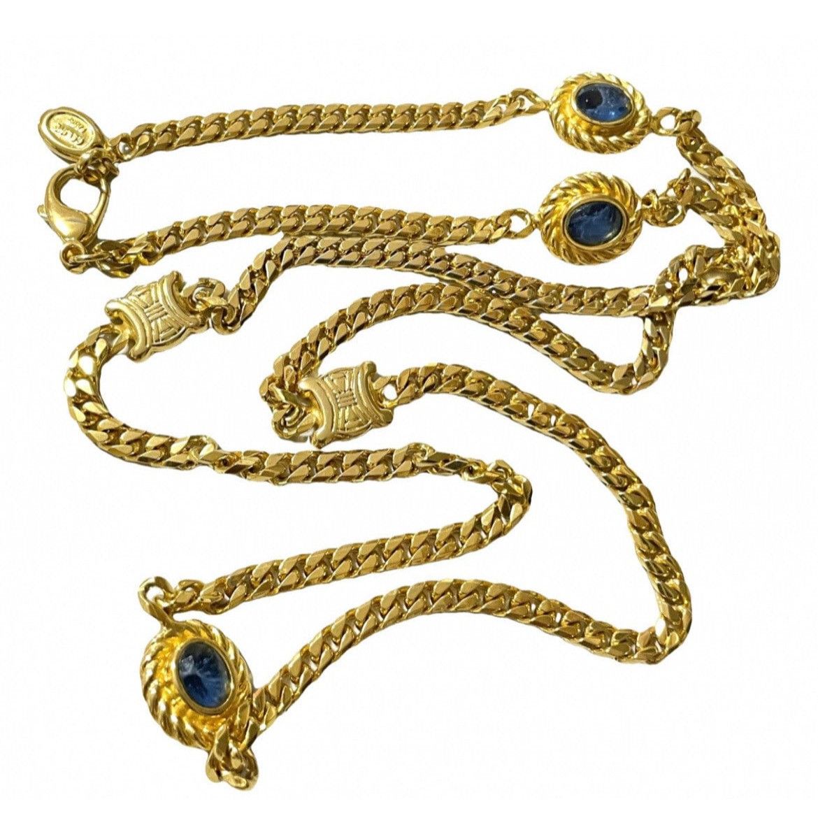 Vintage Celine gold chain necklace, blue stone and triomphe