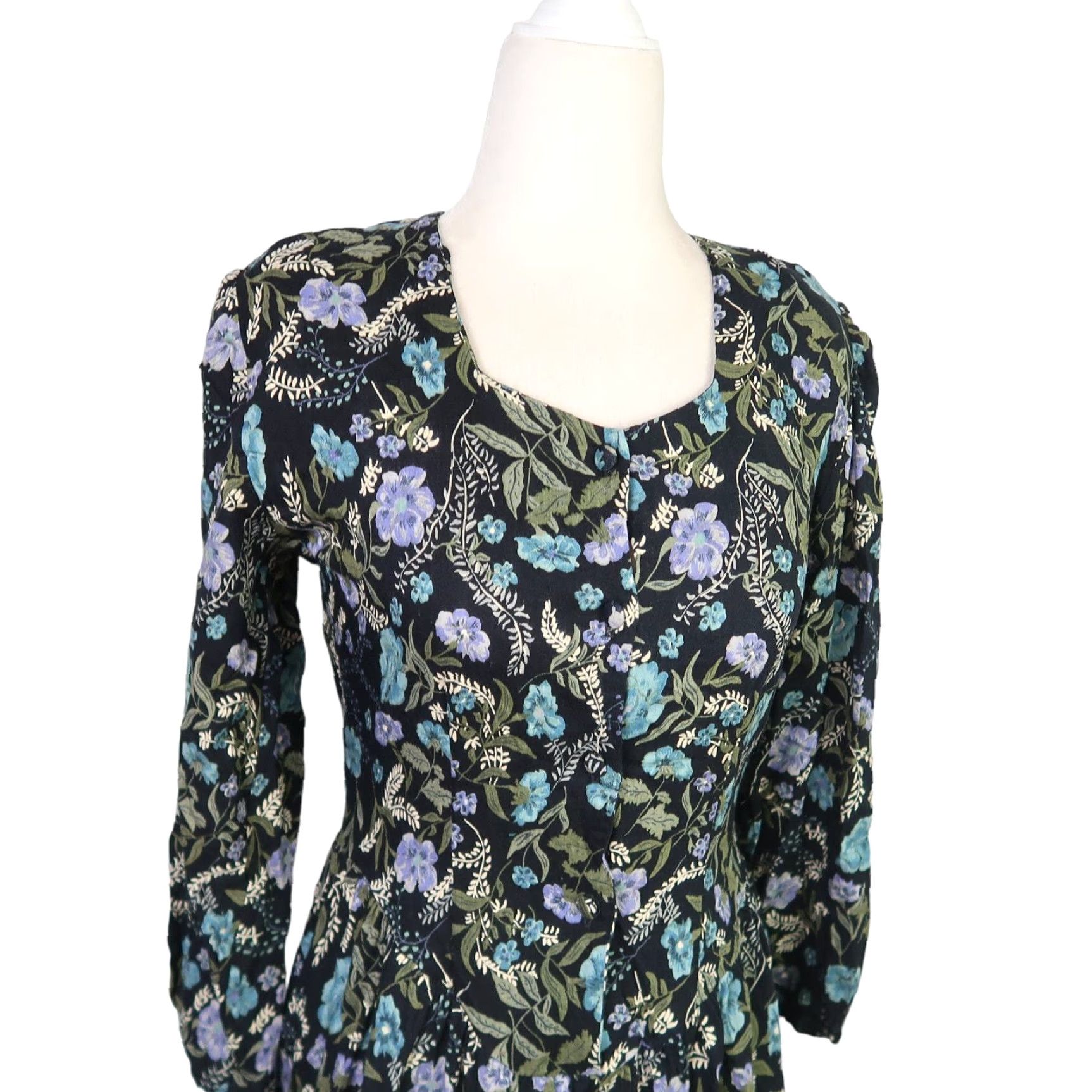 Vintage VINTAGE Hamells Floral Print Midi Dress Black Blue 90s Long Sleeve Button Front Women's 10 Midi Fall Spring Womens Size L / US 10 / IT 46 - 2 Thumbnail