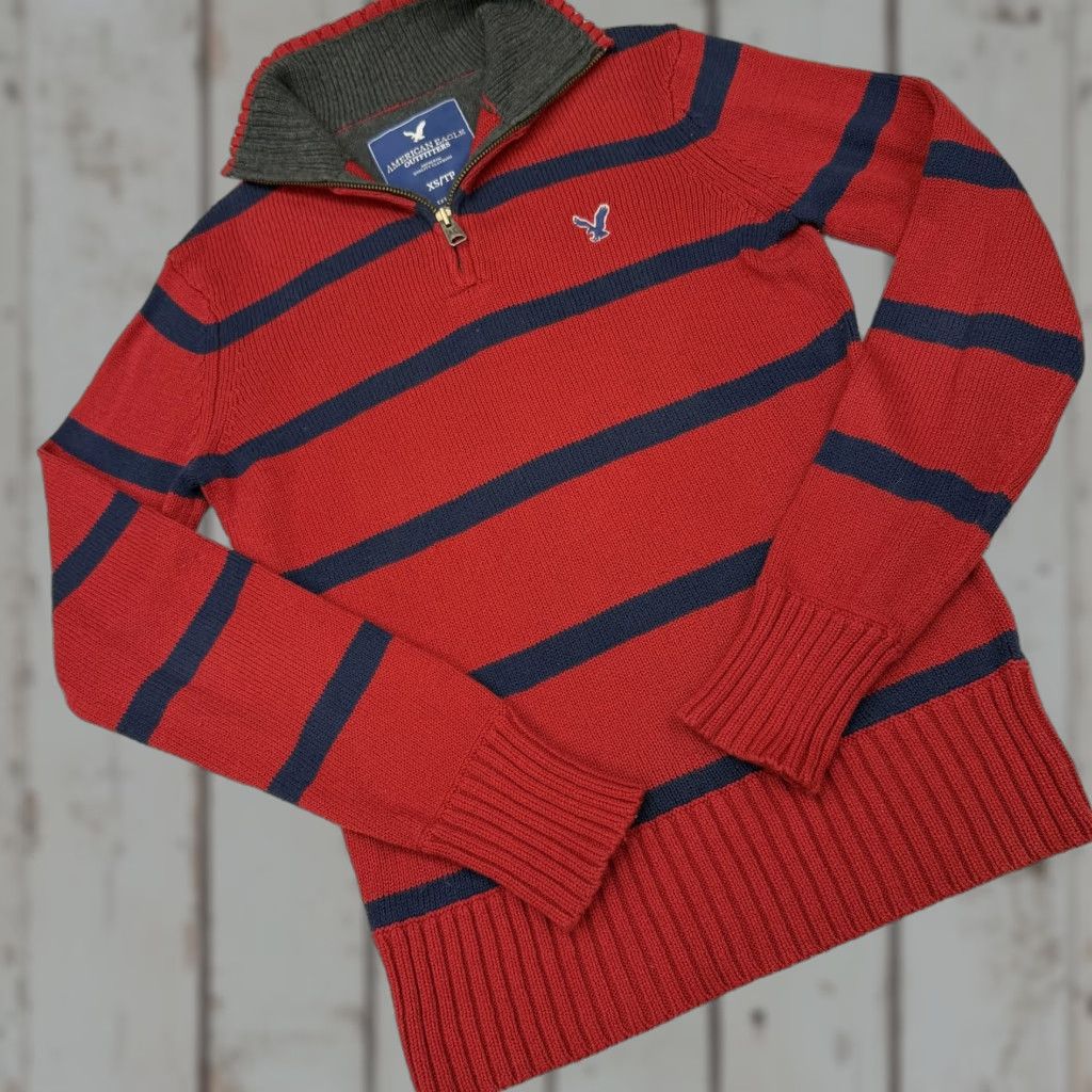 American Eagle Outfitters Rugby Striped 1/4 Zip Pullover Adult XS American Eagle Outfitters Knit Mock Neck Sweater Long Sleeve Casual Red Mens XS Size US XS / EU 42 / 0 - 1 Thumbnail