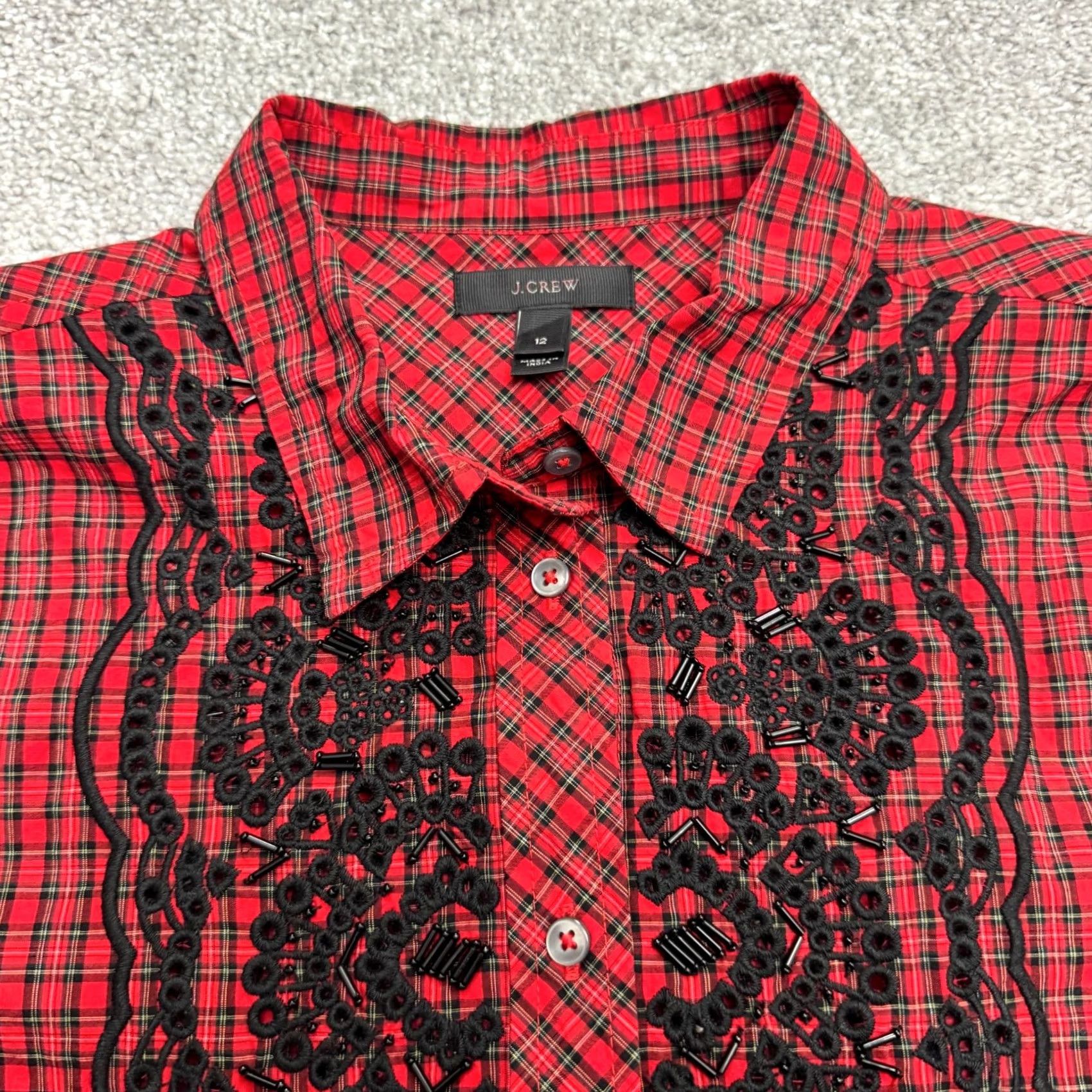 J.Crew J.Crew Button-Up Shirt Womens 12 Red Plaid Beaded Embroidered Tartan Cotton Long Sleeve Size XL / US 12-14 / IT 48-50 - 5 Thumbnail