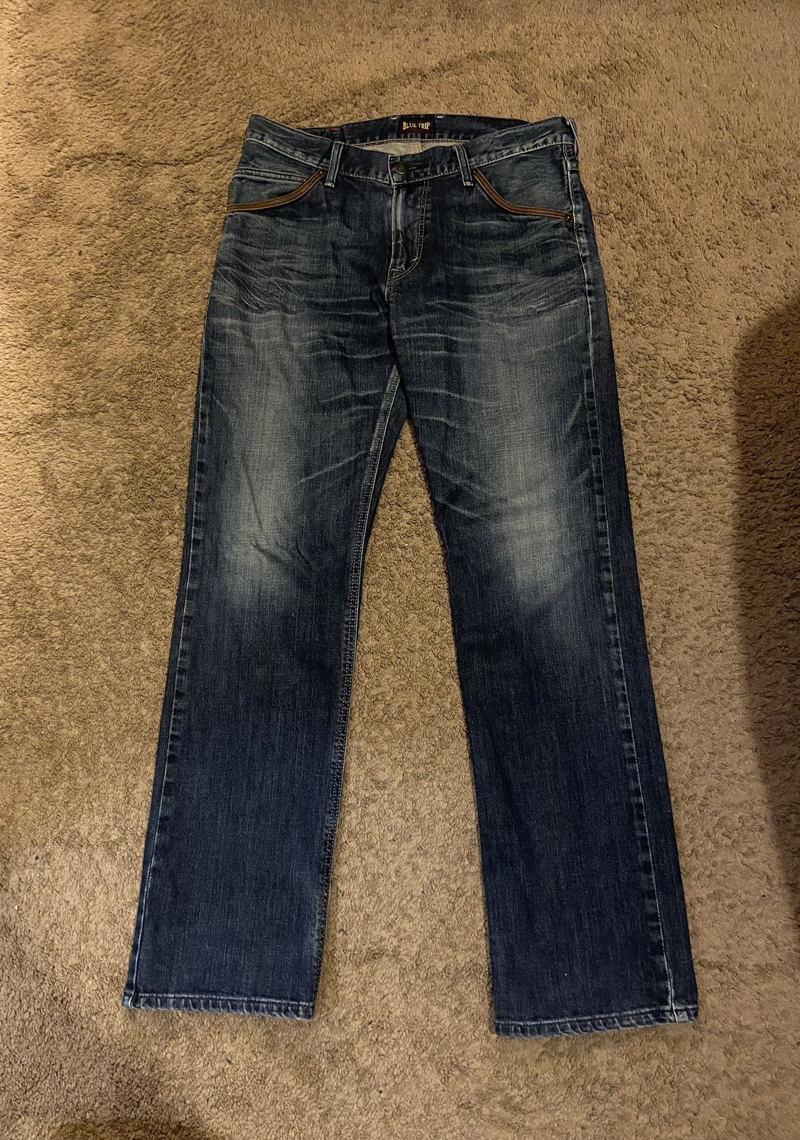 Edwin × Japanese Brand × Vintage VINTAGE Edwin Blue Trip Denim Jeans w/ Leather Pockets Size US 34 / EU 50 - 1 Thumbnail