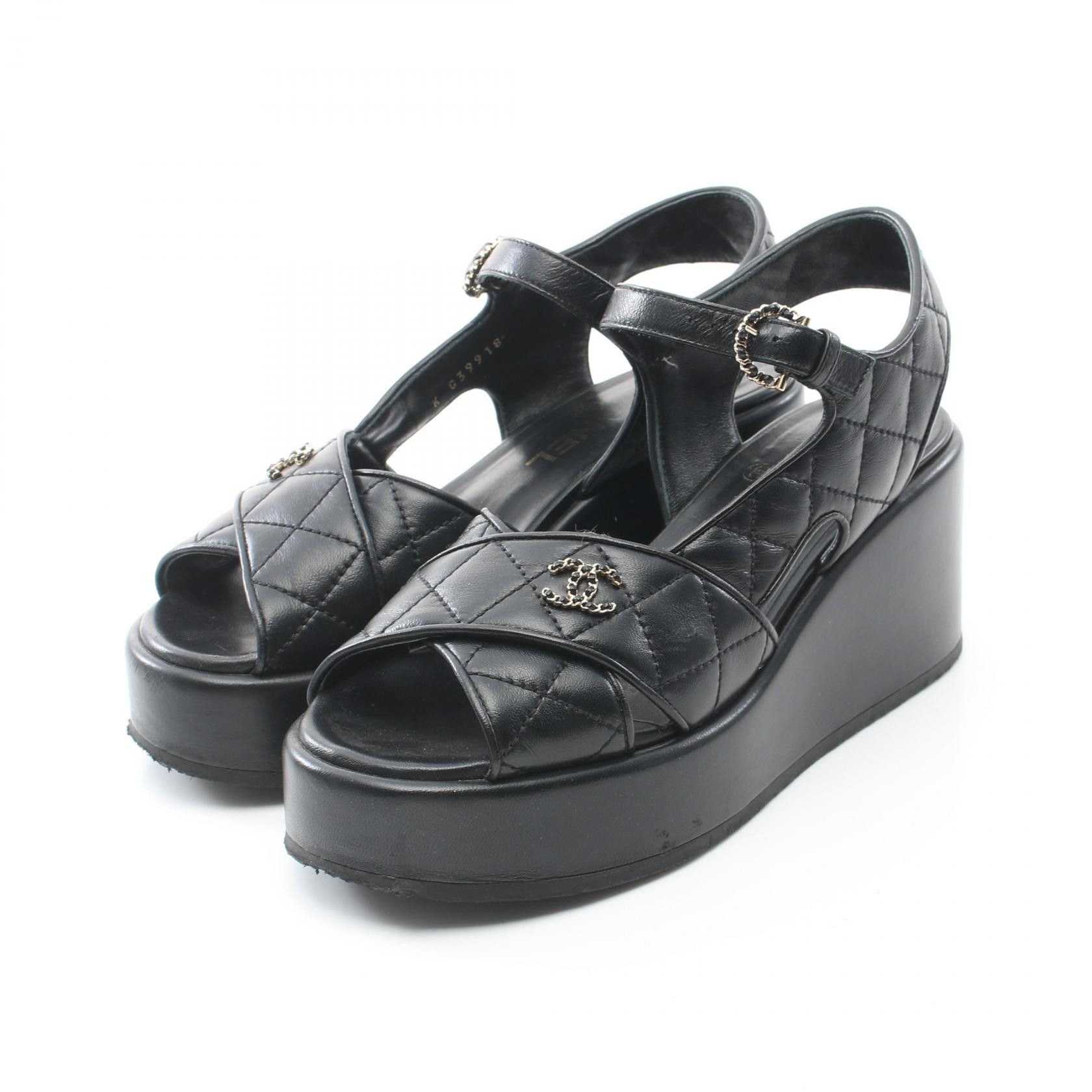 Chanel Chanel Coco Mark Matelasse Leather Sandals Leather Shoes G39918 in Black, Women's