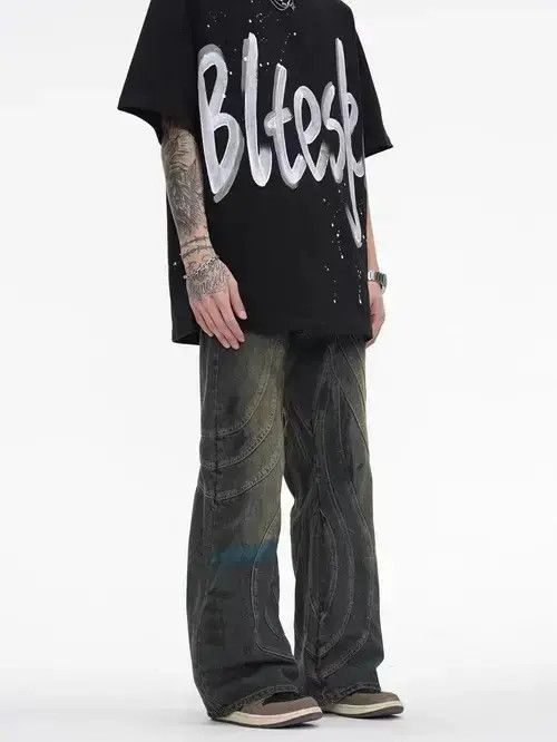 VIBE Vintage Washed Graffiti Micro Flared Heavy Duty Jeans Size US 32 / EU 48 - 4 Thumbnail