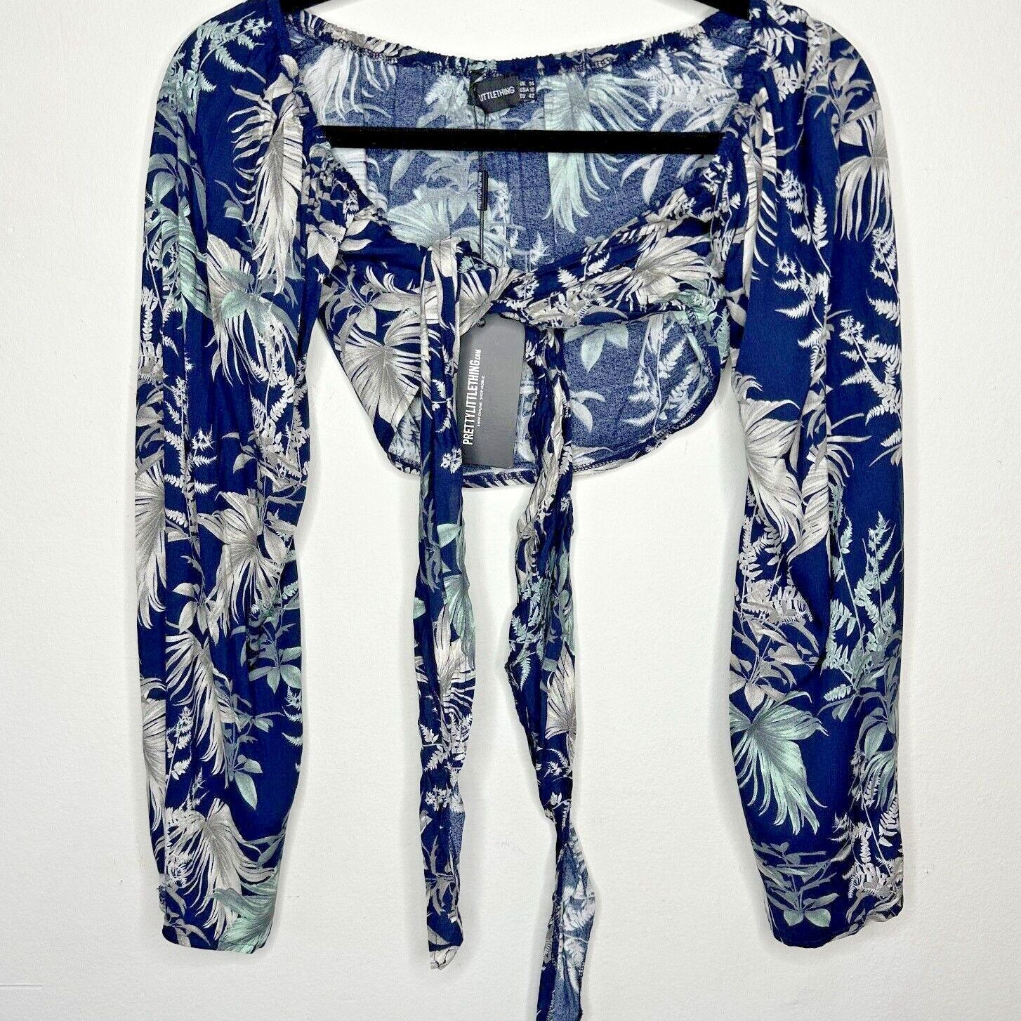 Other NWT PrettyLittleThing Blue Print Tie Bell Sleeve Crop10 Size L / US 10 / IT 46 - 2 Thumbnail