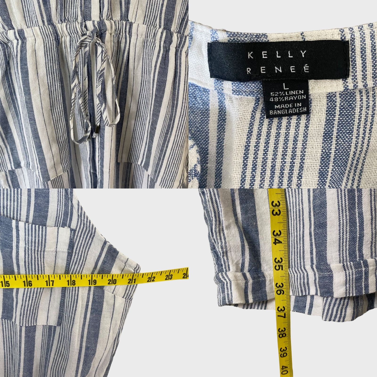 Vintage Kelly Renee Sleeveless Linen Blend Romper Blue White Pockets Women's Large Size 36" / US 14 / IT 50 - 8 Thumbnail