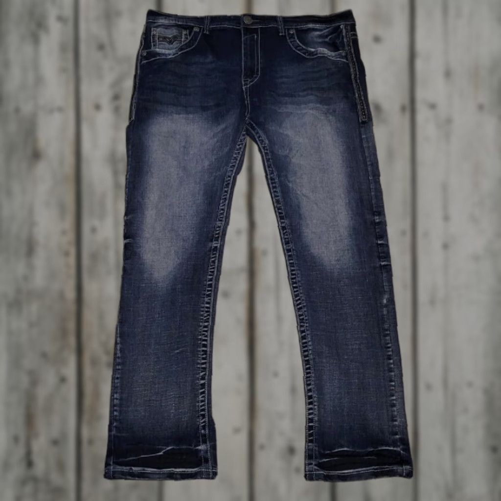 Denime GS 115 Men Jeans Blue 38x32 Embroidered Pockets Thick Stitch Dark Wash Denim Straight Regular Pocket Zipper Button 5-Pocket Design Mens Size US 38 / EU 54 - 1 Thumbnail