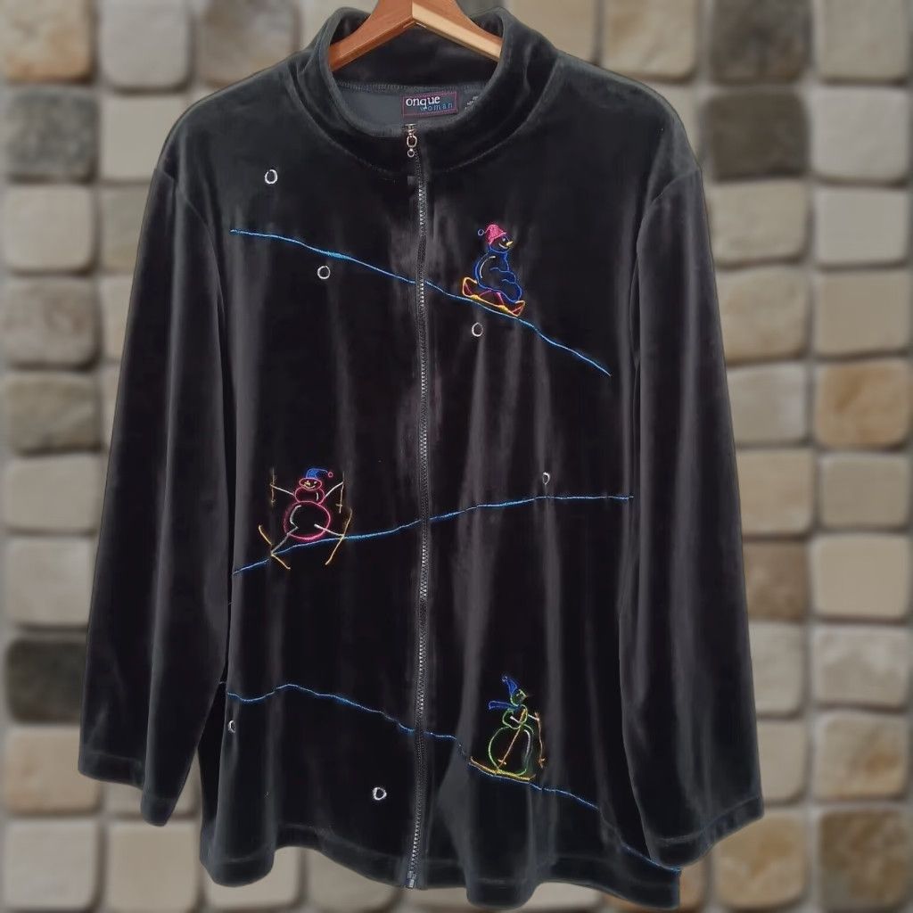 Velour VINTAGE Onque Women Sweatshirt Full Zip 2X Black Velour Snowmen Ski Sled Embroidered - Mens Size US XXL / EU 58 / 5 - 1 Thumbnail