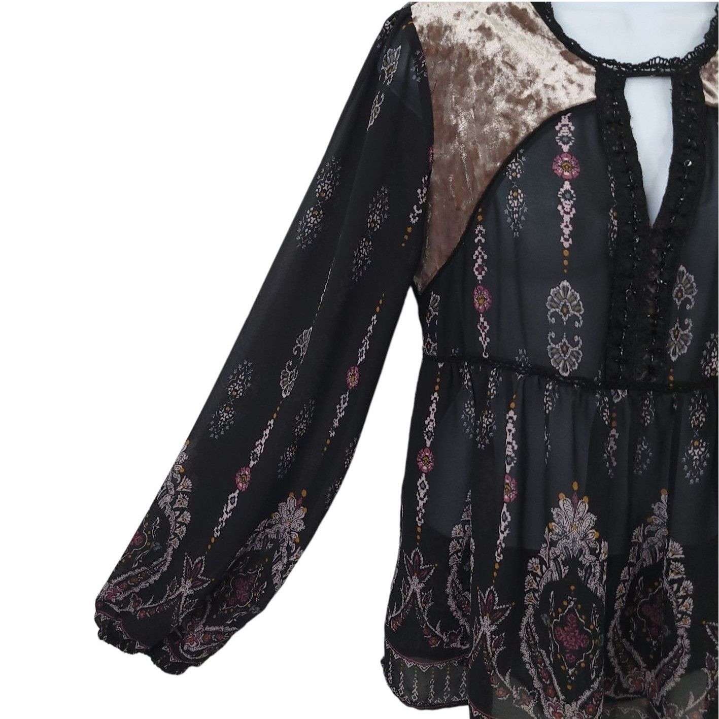 Other Knox Rose Boho Peasant Top M Black Floral Sheer Lace Velvet Size M / US 6-8 / IT 42-44 - 5 Thumbnail