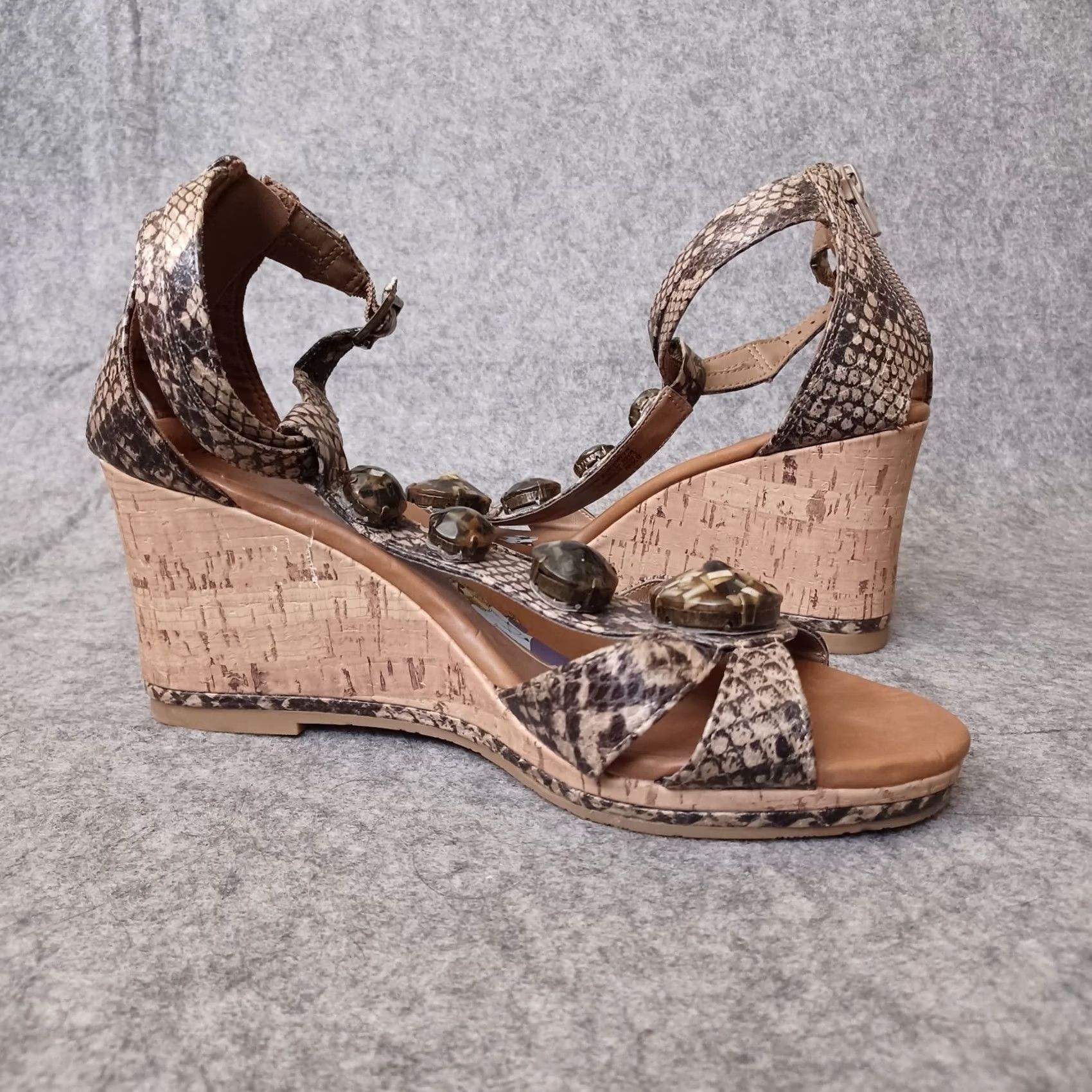 Skin Libby Edelman Sandals Women 8.5 W Beige Brown Faux Snake Skin Wedge Ankle Strap Size US 9 / IT 39 - 5 Thumbnail
