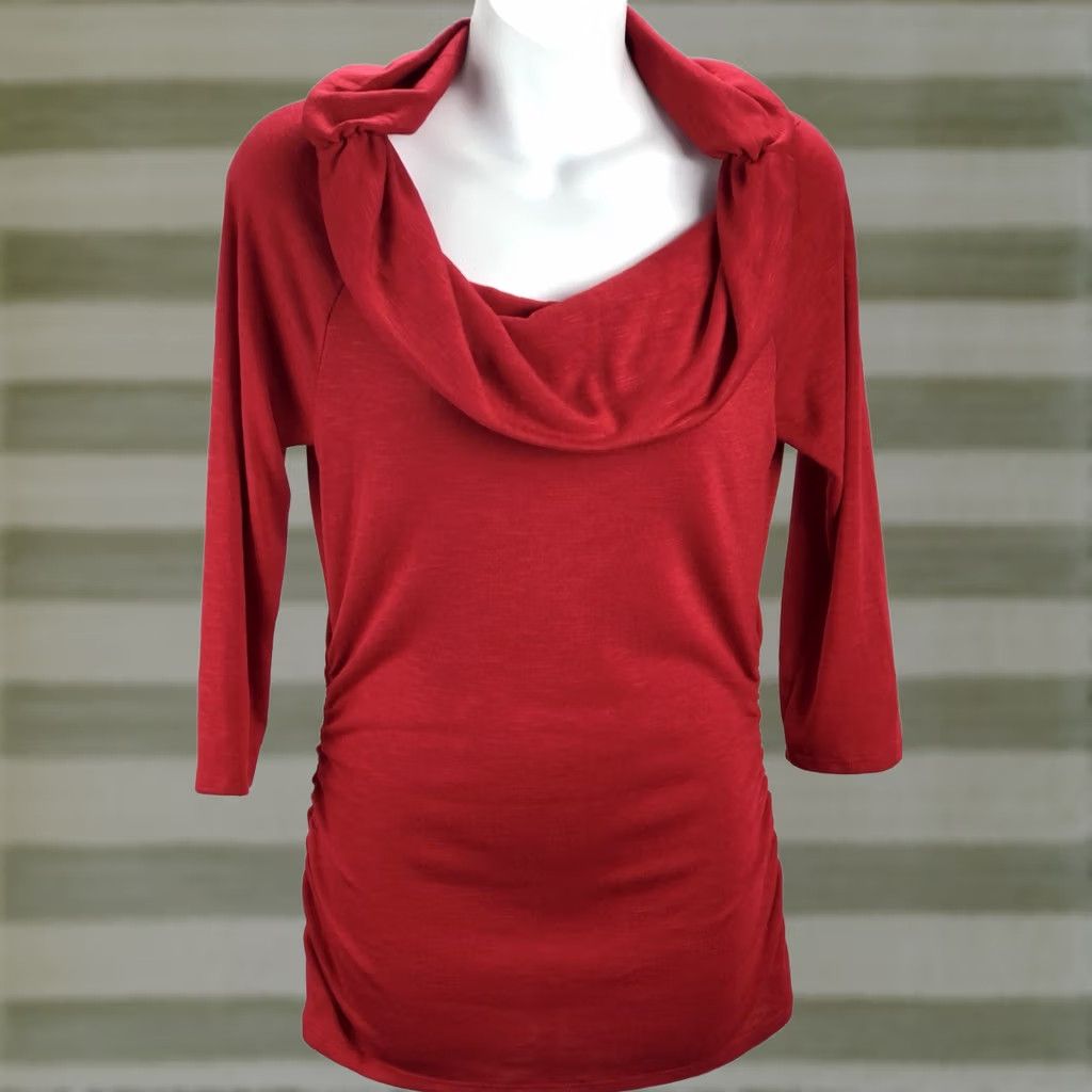 B Sides A BYER Knit Long Tunic L Jrs Red Cowl Neck 3/4 Sleeves Ruched Sides - Sweater, Holiday, Office, Colorful, Casual, Career, Romantic, Classic Womens Size L / US 10 / IT 46 - 1 Thumbnail
