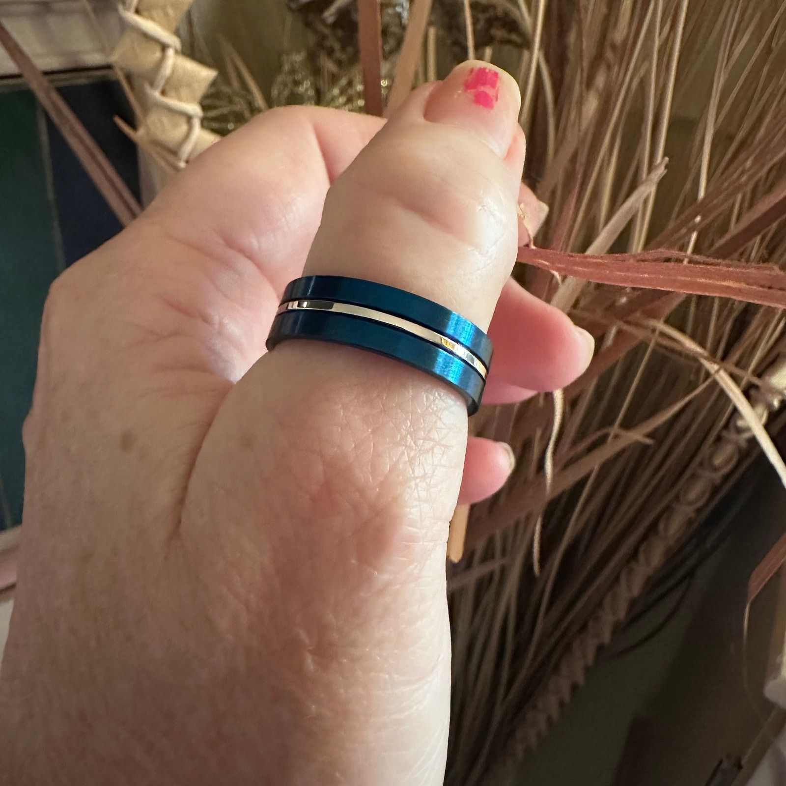 The Unbranded Brand Blue Stainless Steel 6.5mm Satin Finish Striped Band Ring Size ONE SIZE - 8 Thumbnail