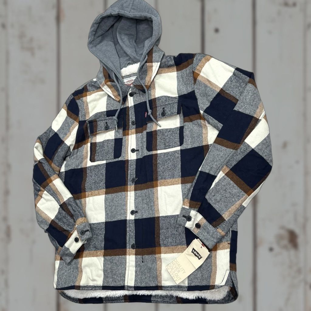 Levi's Levi Strauss Levi’s Made & Crafted Sherpa Lined Plaid Hoodie Jacket Men Large Full Zip Button Blue Multicolor NWT Size US L / EU 52-54 / 3 - 1 Thumbnail