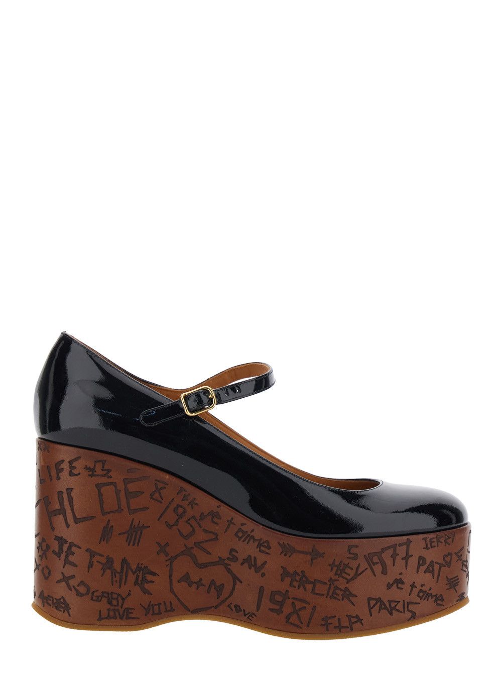 Black Wedges with Mary Jace Ankle Strap and High Wedge Heel in Leather Woman