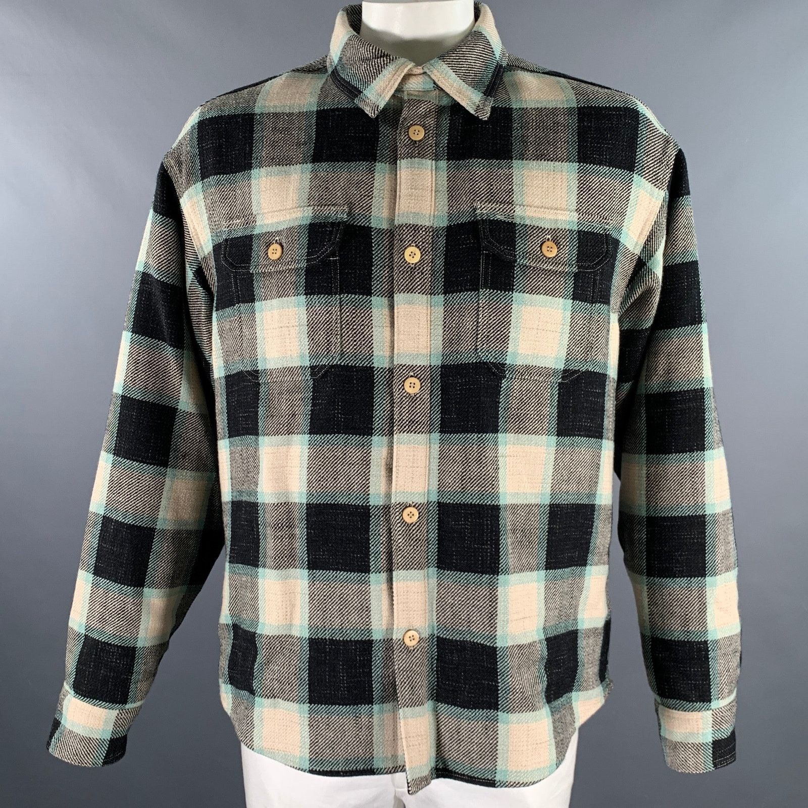 VISVIM L Black Green Beige Plaid Wool Linen Down Jacket