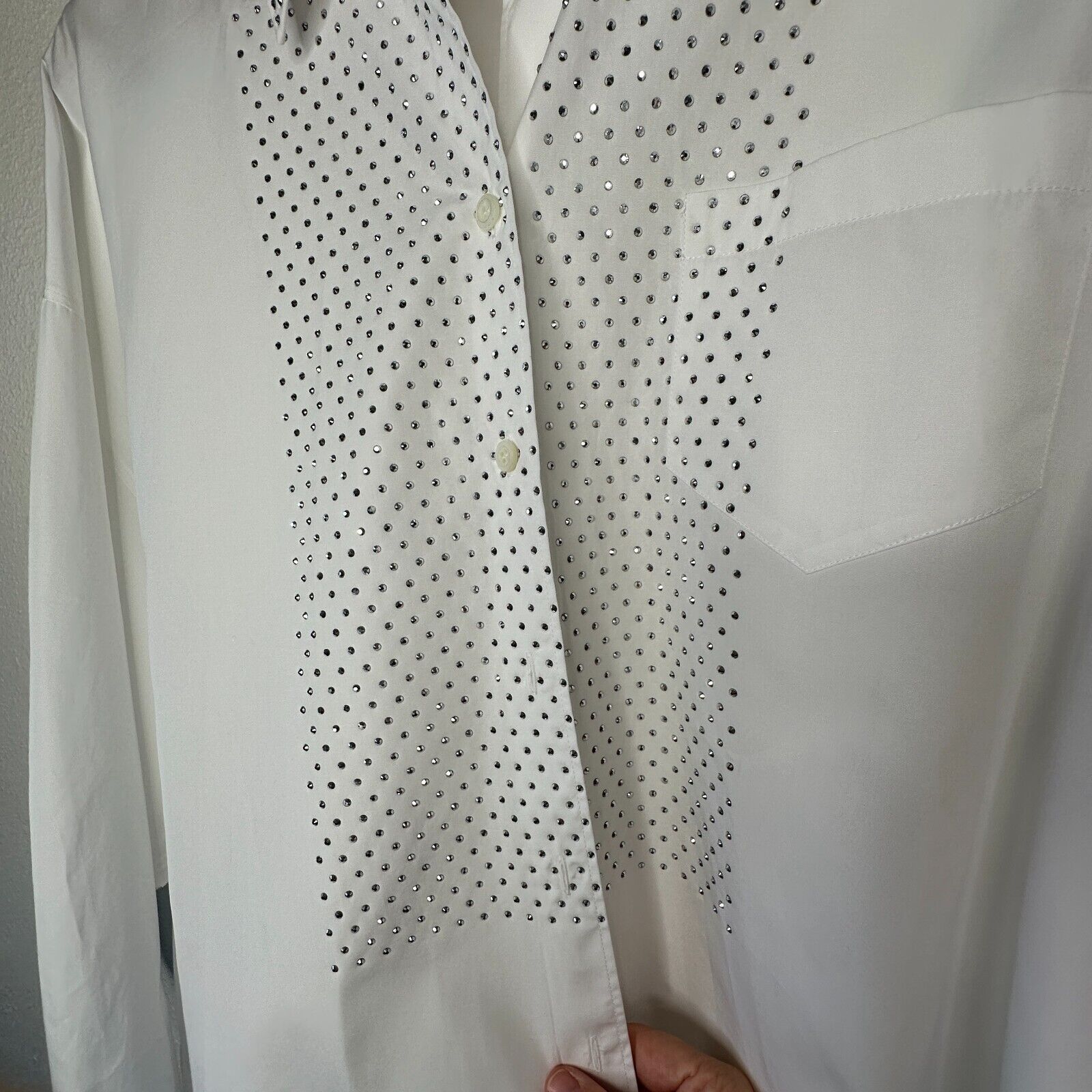 Prada Prada White Button Rhinestone Encrusted Collar & Front Shirt Size L / US 10 / IT 46 - 5 Thumbnail