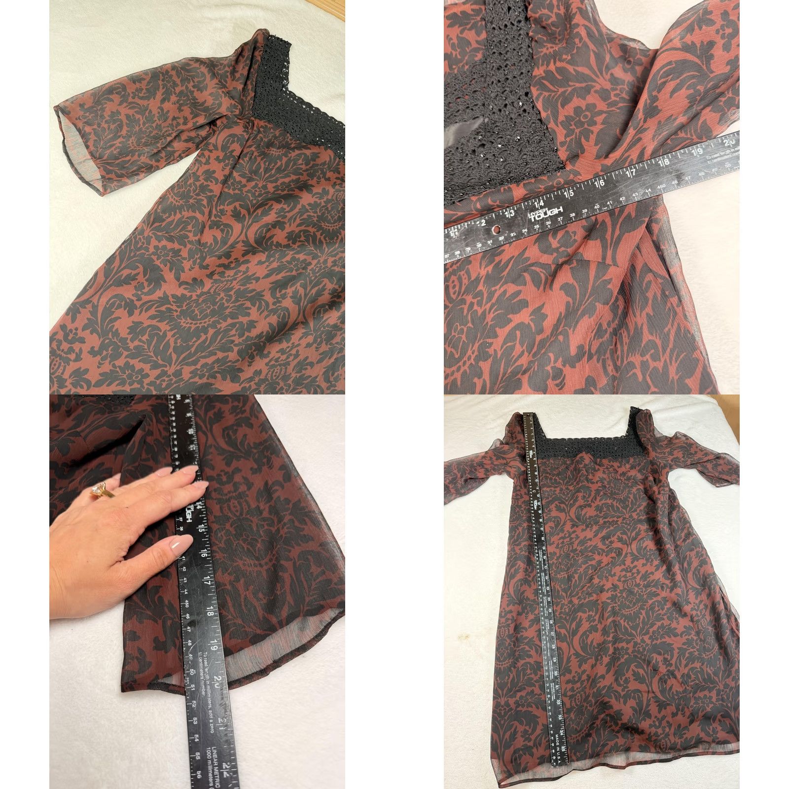 Vintage Vertigo Paris Womens M Brown Floral Chiffon Crochet Shift Knee Length Size M / US 6-8 / IT 42-44 - 8 Thumbnail