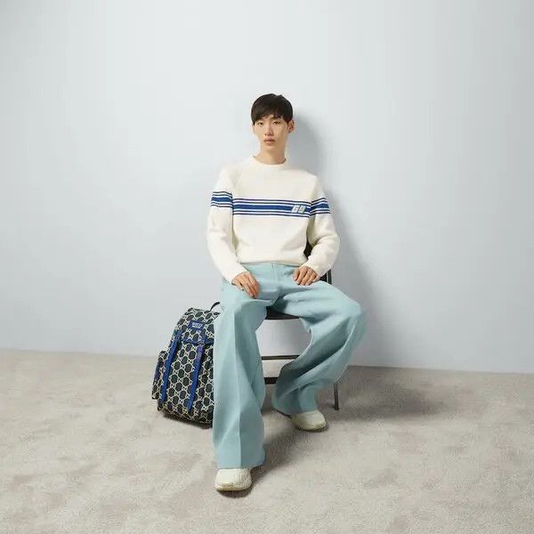 o1s1wg110225 Knit Wool Sweater With Square GG Ivory & Blue