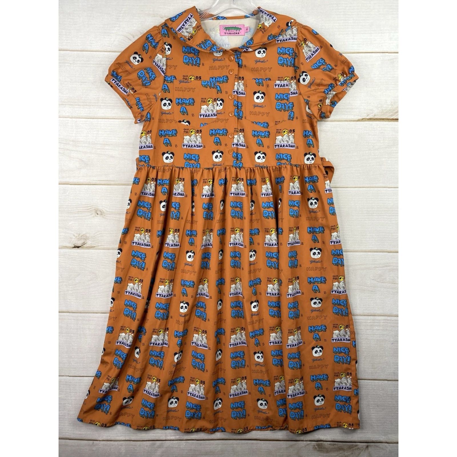 Vintage VINTAGE Tyakasha Dress Panda Print Asian Streetwear Graphic Chiffon Midi A-Line Tunic Short Sleeve Collared Button Embroidered Orange Women S Size S / US 4 / IT 40 - 2 Thumbnail
