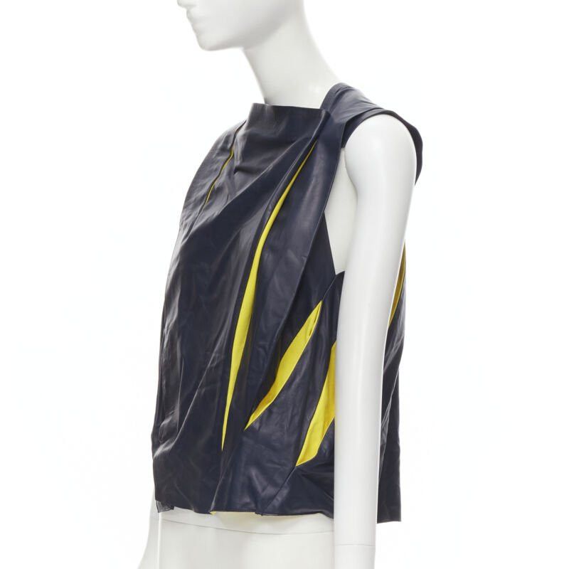 Balenciaga new BALENCIAGA 2010 Runway Ghesquiere navy yellow leather pleated top FR38 S Size S / US 4 / IT 40 - 1 Thumbnail
