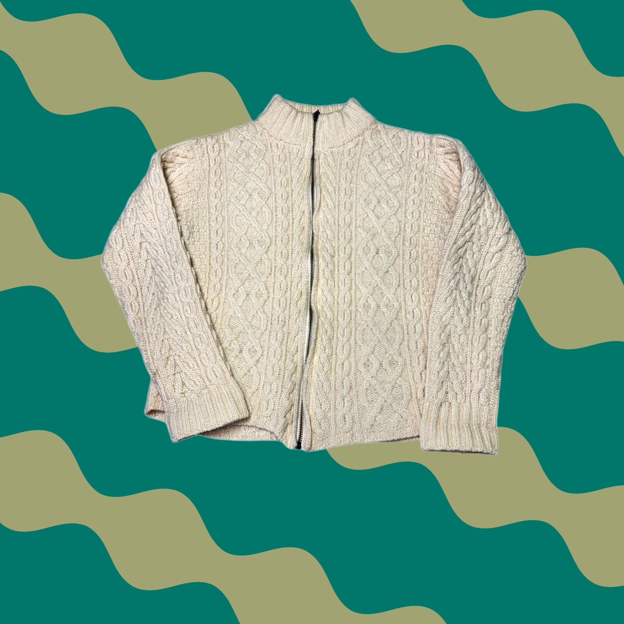 Vintage Inis Crafts Cream Cable Knit Full Zip Merino Wool Sweater Size L Irish Vintage Size L / US 10 / IT 46 - 1 Thumbnail