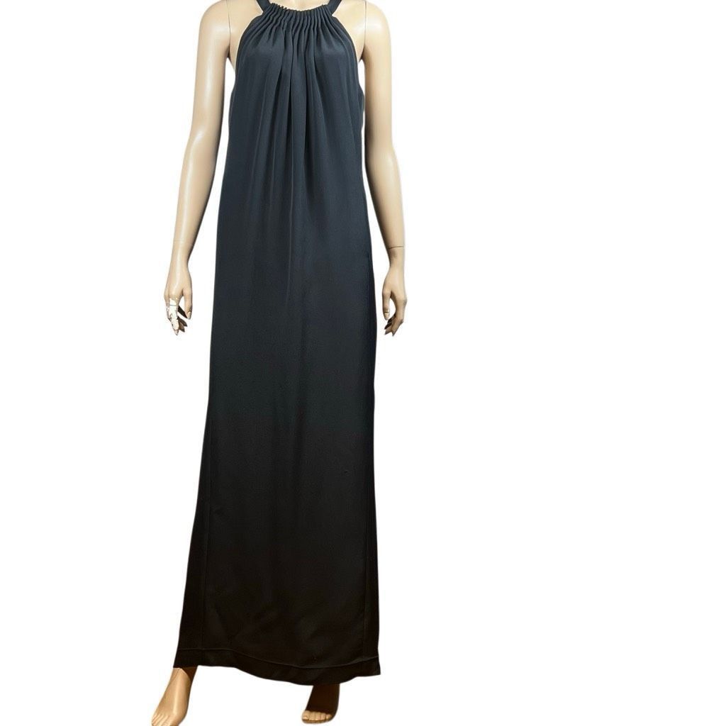 New Kobi Halperin Black Silk Maxi Dress with Pleated Necklin