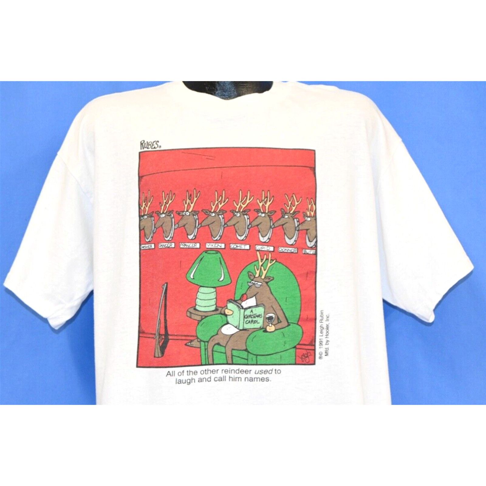 Image of Vintage VTG 90's Rubes Comic Strip Red Nose Reindeer Funny Cartoon Leigh Rubin T-Shirt XL in White