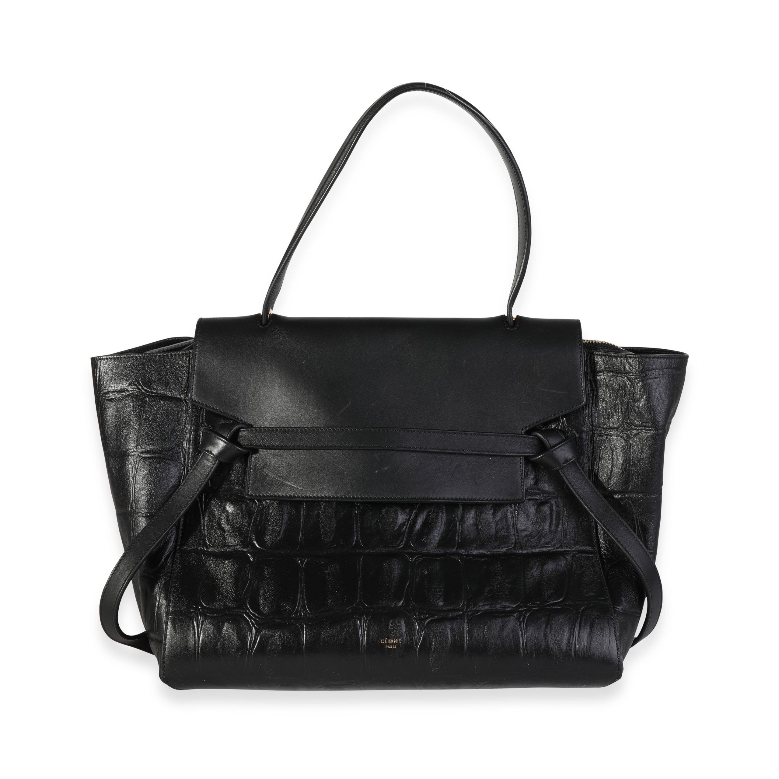 image of Celine Black Crocodile Embossed Leather Small Belt Bag, Women's