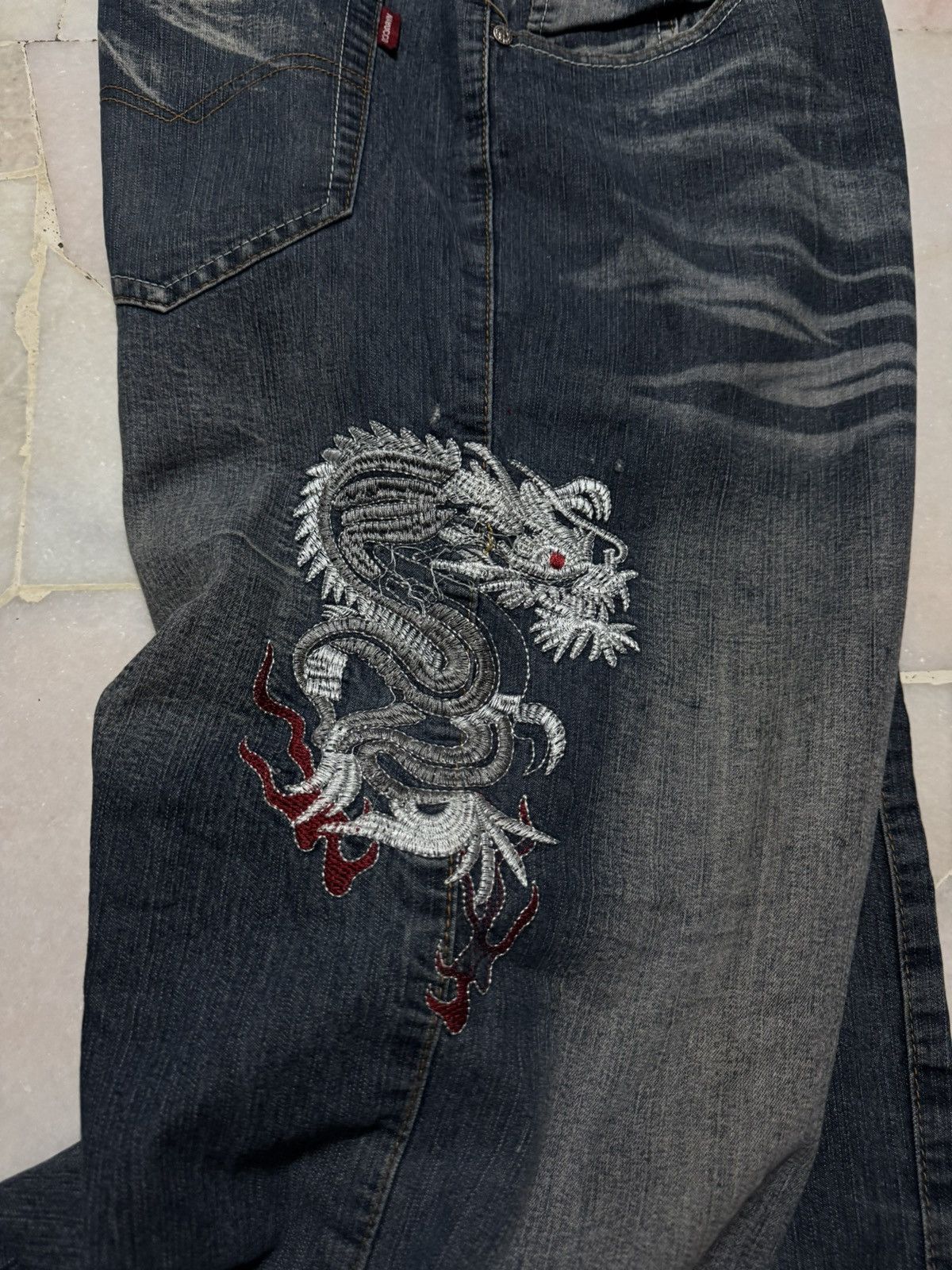 Seditionaries 💥WIDE💥JAPANESE TATTOO DRAGON EMBROIDERY BAGGY JEANS RARE Size US 36 / EU 52 - 13 Thumbnail
