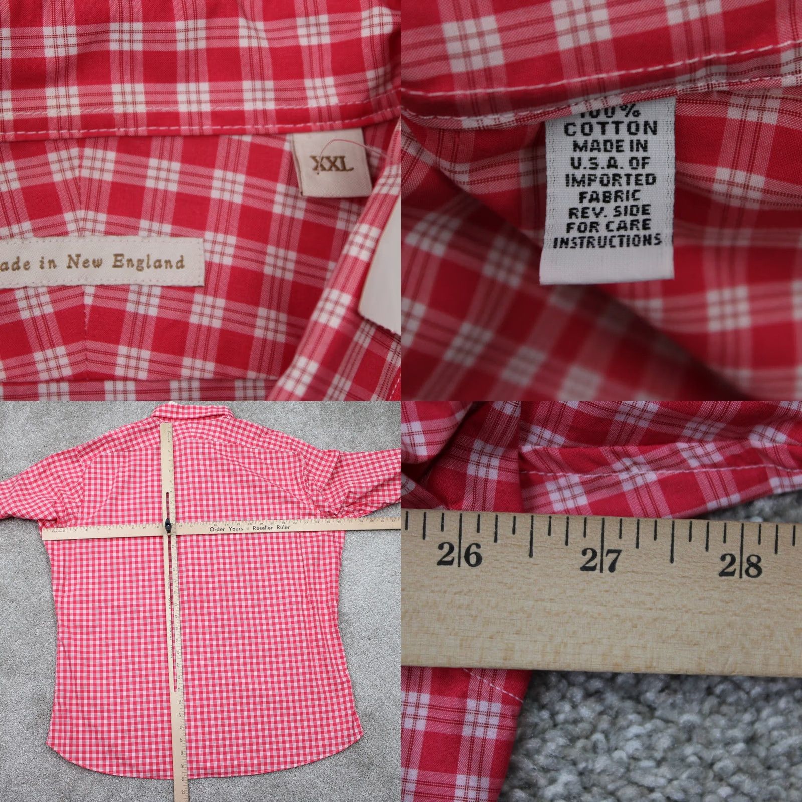 Vintage New England Shirt Company Shirt Mens 2XL Pink/White Grid Check L/S Cotton Size US XXL / EU 58 / 5 - 8 Thumbnail