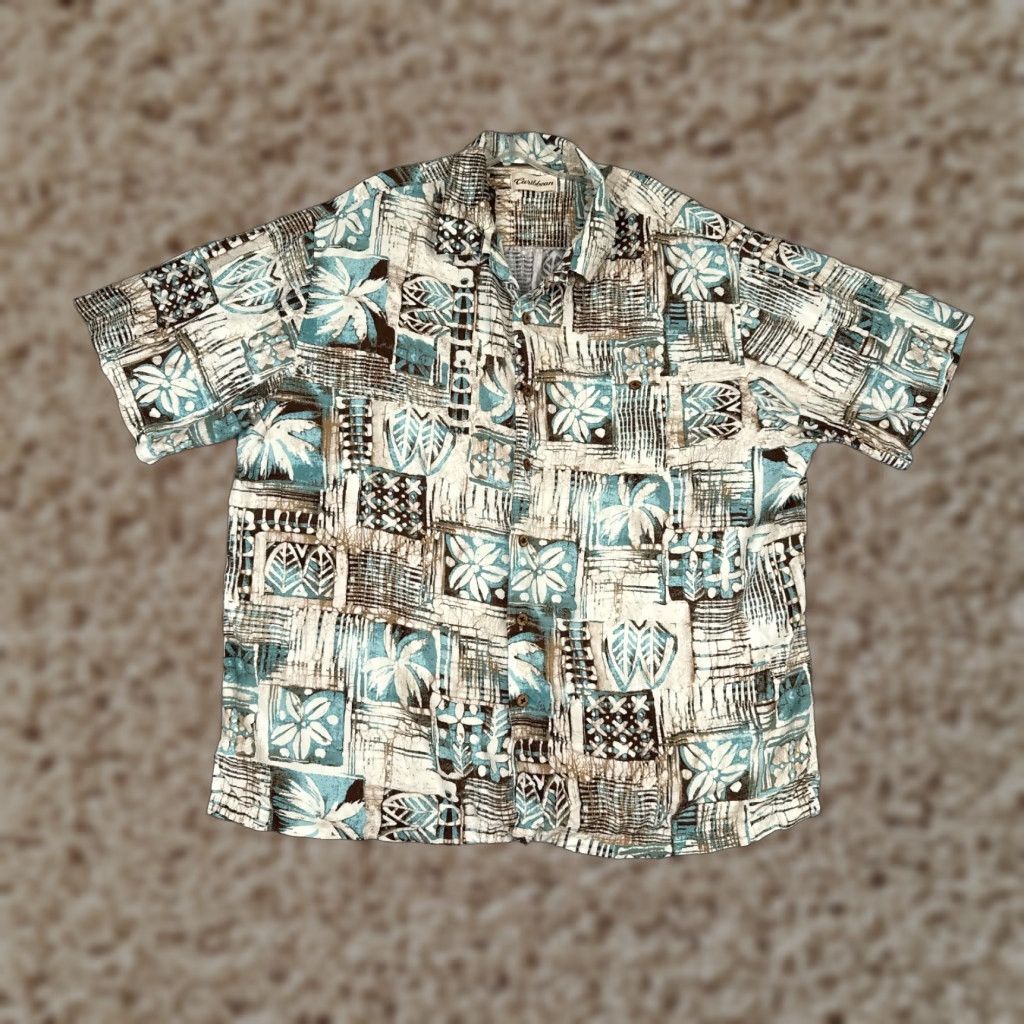 Vintage Caribbean Shirt Men Extra Large Blue White Tile Floral Rayon Hawaiian Button Up Size US XL / EU 56 / 4 - 1 Thumbnail