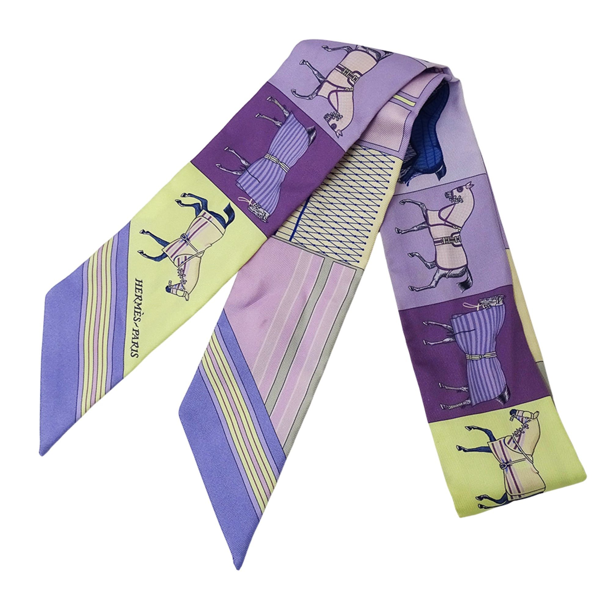 Hermes Hermes scarf/muffler for women, brand name Twilly, Couvertures Nouvelle (new horse blanket design), silk, purple/yellow. Size ONE SIZE - 1 Thumbnail