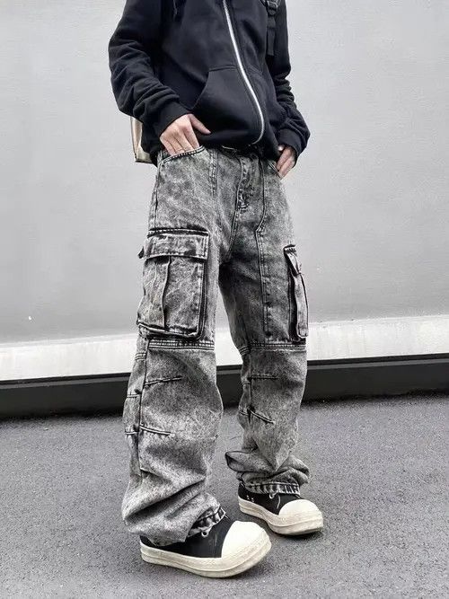 image of High Street Washed Heavy Duty Pocket Cargo Jeans in Washed Gray, Men's (Size 32)