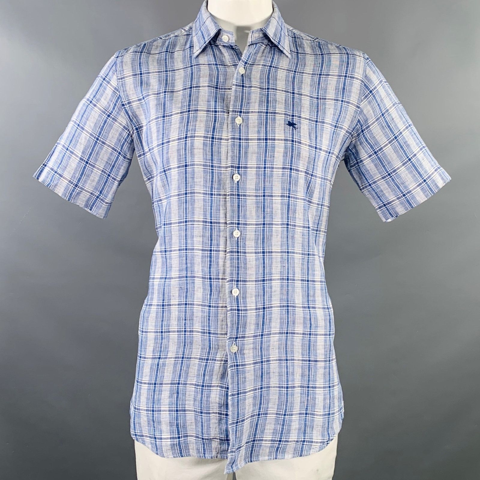 Pal Zileri PAL ZILERI Size L Blue White Plaid Linen Short Sleeve Shirt Size US L / EU 52-54 / 3 - 1 Thumbnail