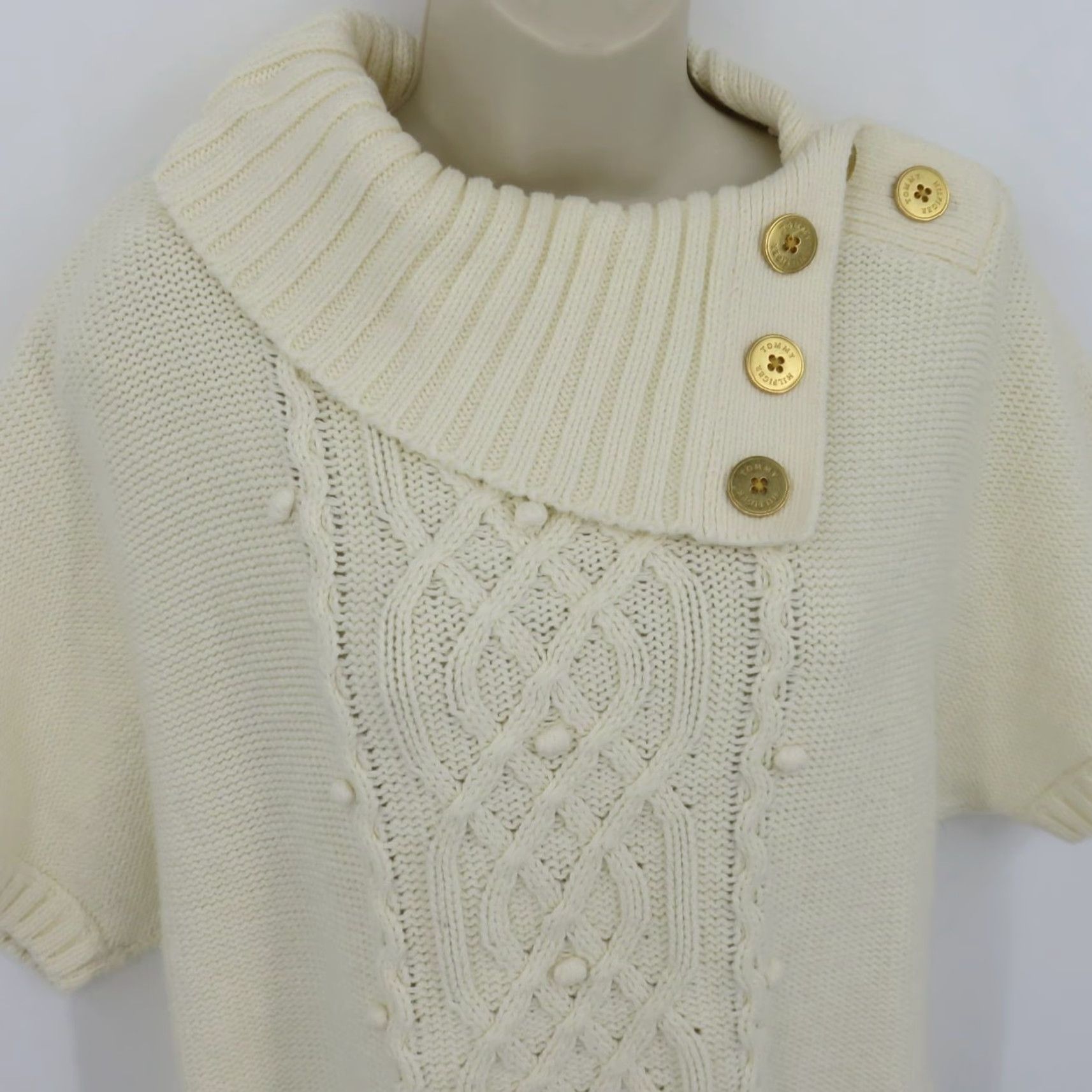 Tommy Hilfiger Tommy Hilfiger Women Small Cream Chunky Knit Short Sleeve Sweater Gold Buttons Size S / US 4 / IT 40 - 2 Thumbnail