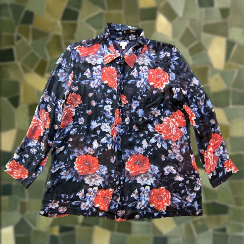 Vintage VINTAGE Wilfred 100% Silk Black Orange Purple Floral Button-Up Long Sleeve Blouse Large Size L / US 10 / IT 46 - 1 Thumbnail