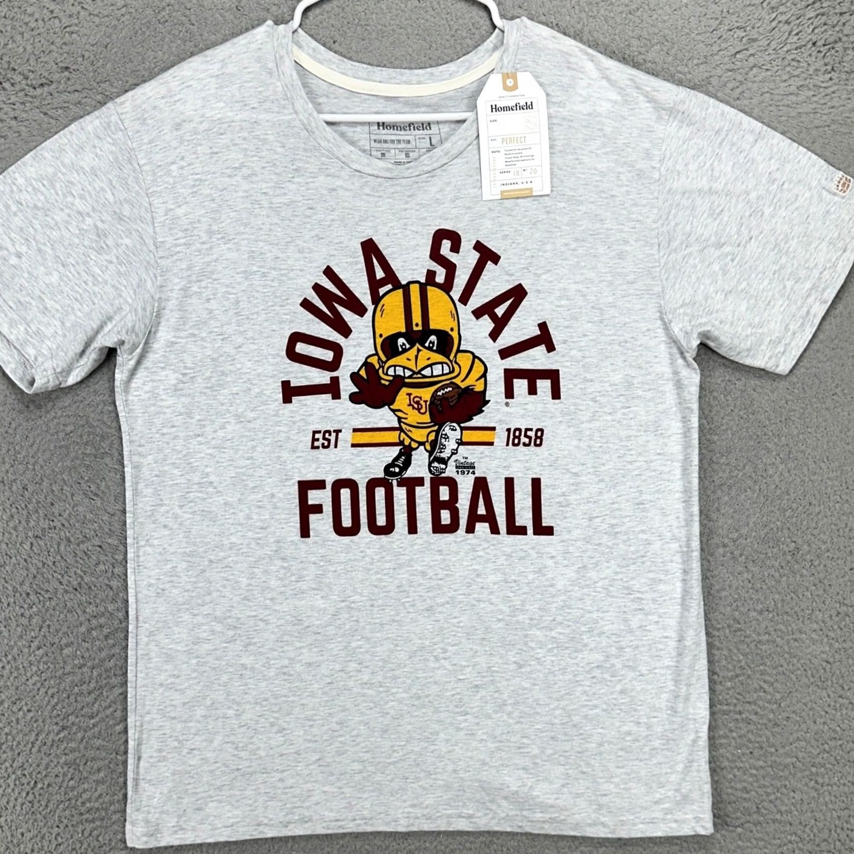 Vintage Homefield Iowa State Hawkeyes Mens Football T-Shirt Large Light Gray Tee Short Sleeve Crew Neck Graphic Print L Mens Size US L / EU 52-54 / 3 - 5 Thumbnail