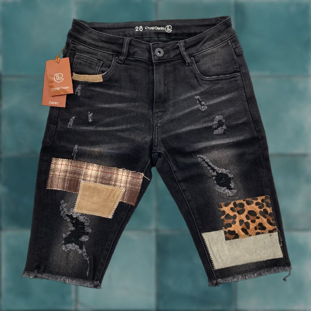 Denime Crysp Denim Jeans Shorts Jorts Mens 28 Black Stretch Denim Distressed Patches NWT Skull Theme Size US 28 / EU 44 - 1 Thumbnail