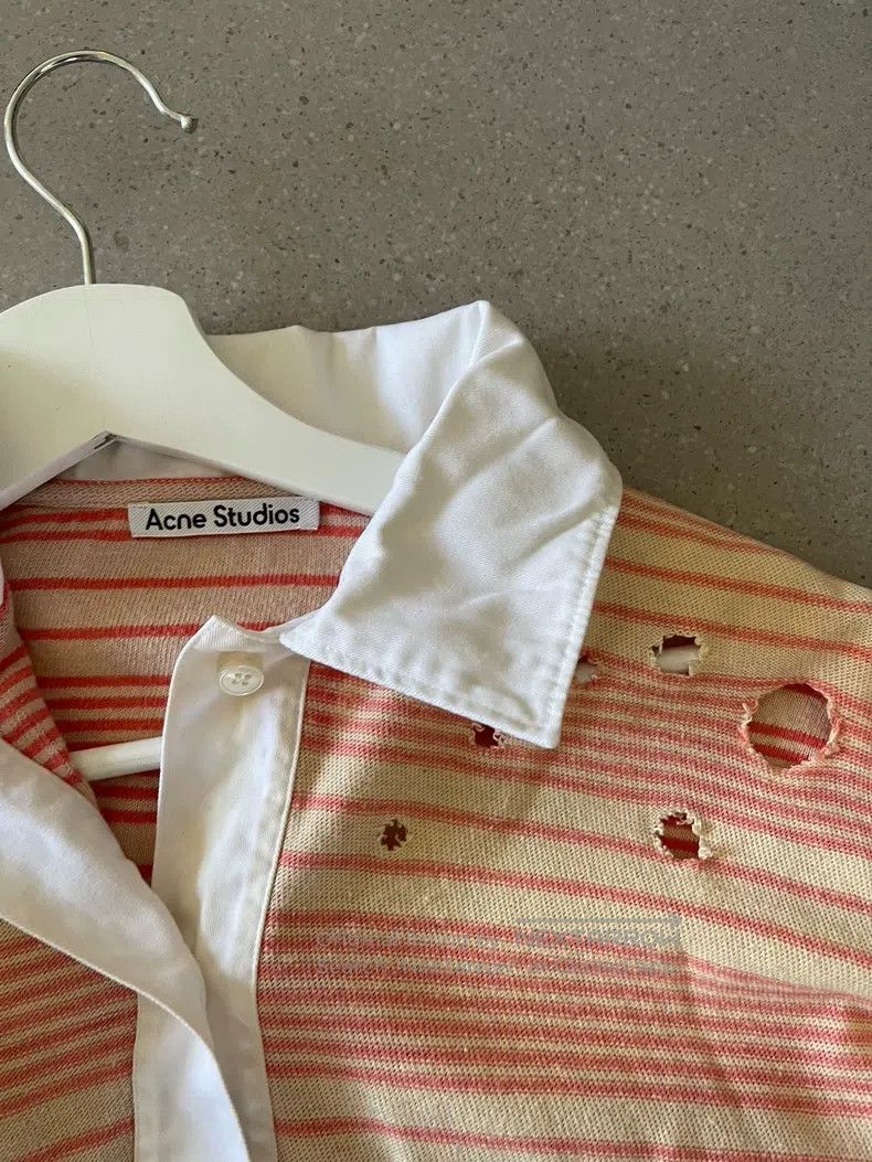 Acne Studios Acne Studios Pink and White Striped Ripped Polo Shirt Size M / US 6-8 / IT 42-44 - 2 Thumbnail
