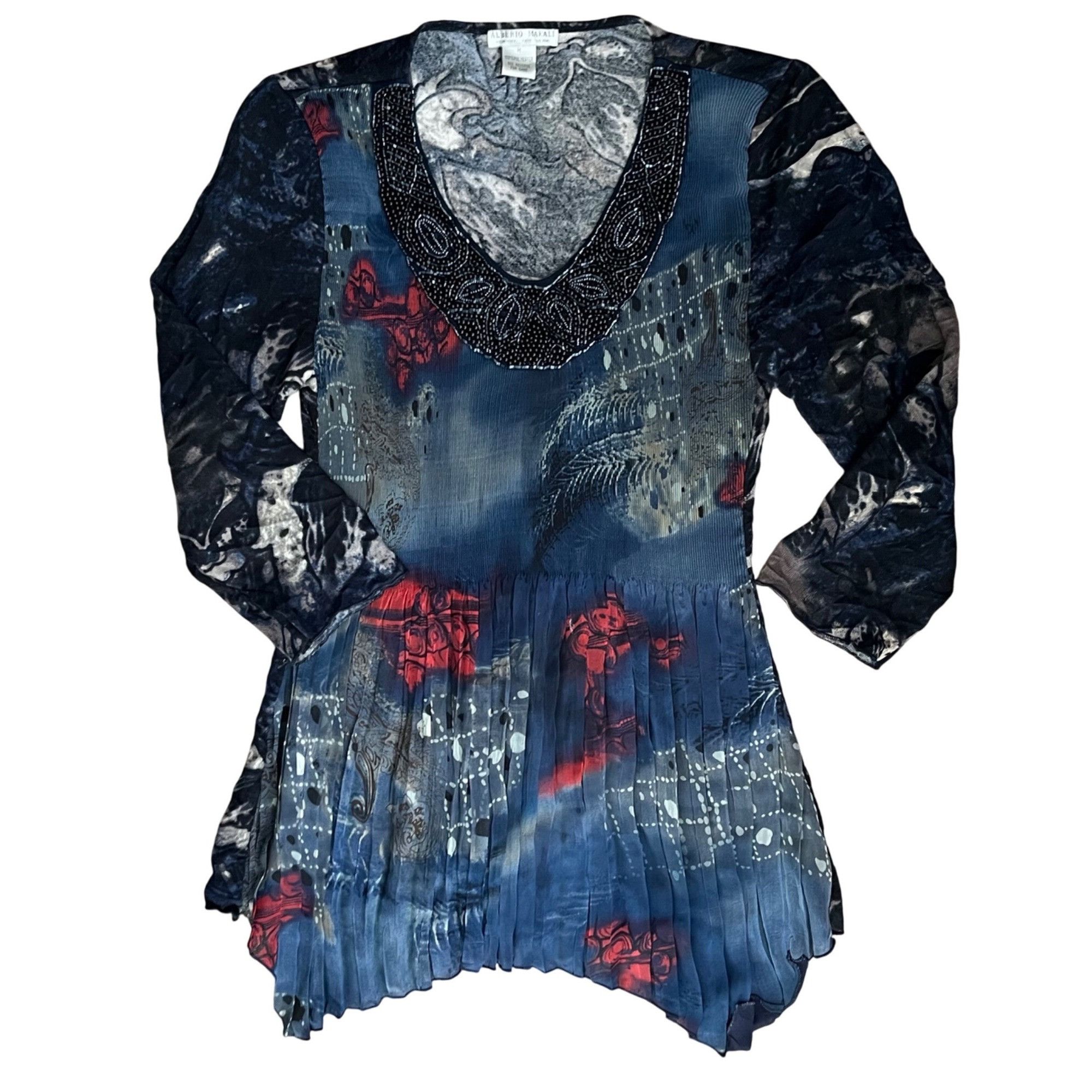 Designer Alberto Makali M Tunic Pleated Beaded Top Micropleats Shirt Size M / US 6-8 / IT 42-44 - 1 Thumbnail