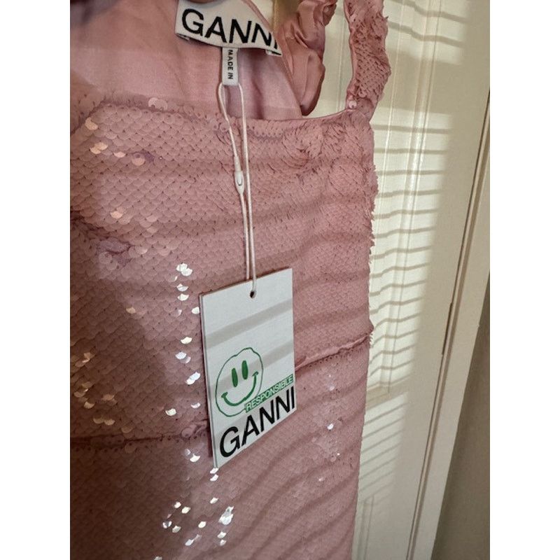 Ganni Ganni ruffle-trimmed pink sequined georgette mini dress 6 Size M / US 6-8 / IT 42-44 - 6 Thumbnail