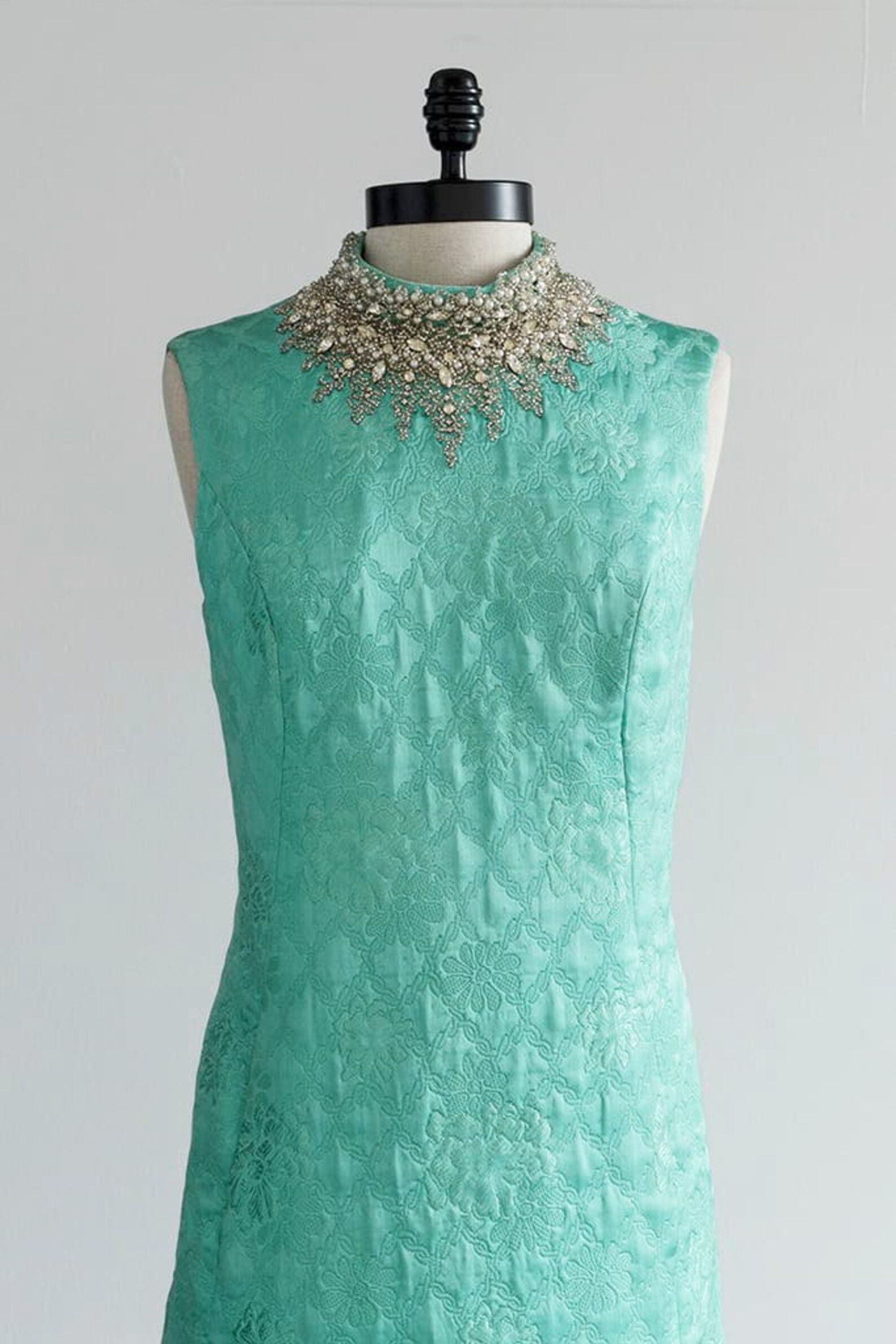Vintage Vintage Beaded Cocktail Dress - Turquoise Silk Dress Size M / US 6-8 / IT 42-44 - 6 Thumbnail