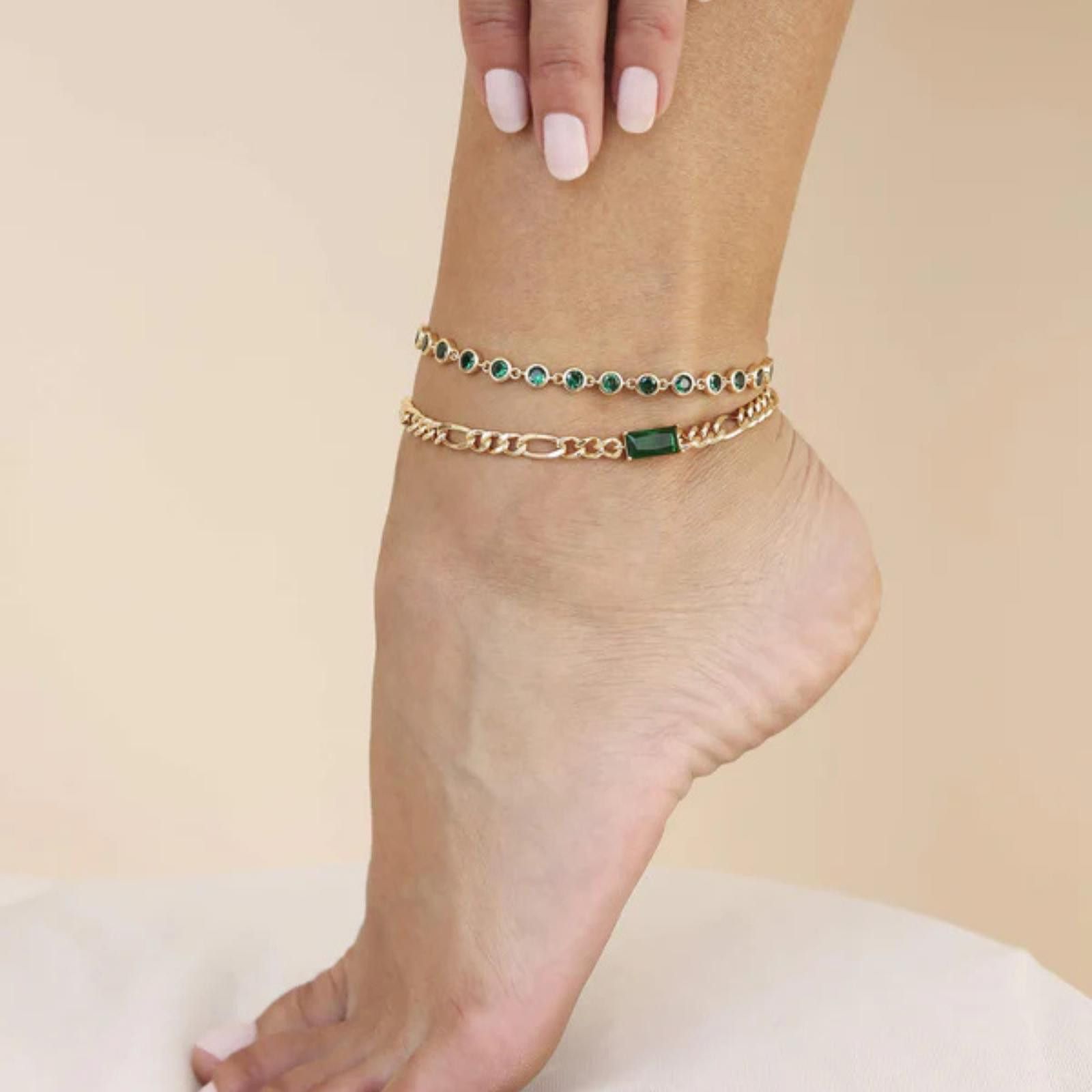 Other ETTIKA Bejeweled Emerald 18K Gold Plated Anklet Set 2 Pieces Size ONE SIZE - 3 Thumbnail