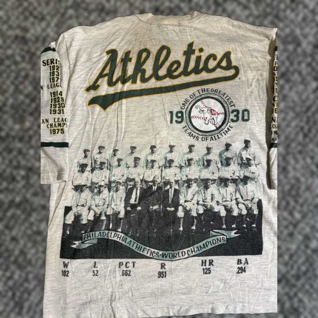 VINTAGE 1990 Oakland Athletics World Champions Long Gone T Shirt XL Gray Crew Neck 3/4 Sleeve Men 90s Sports Logo Double-Sided